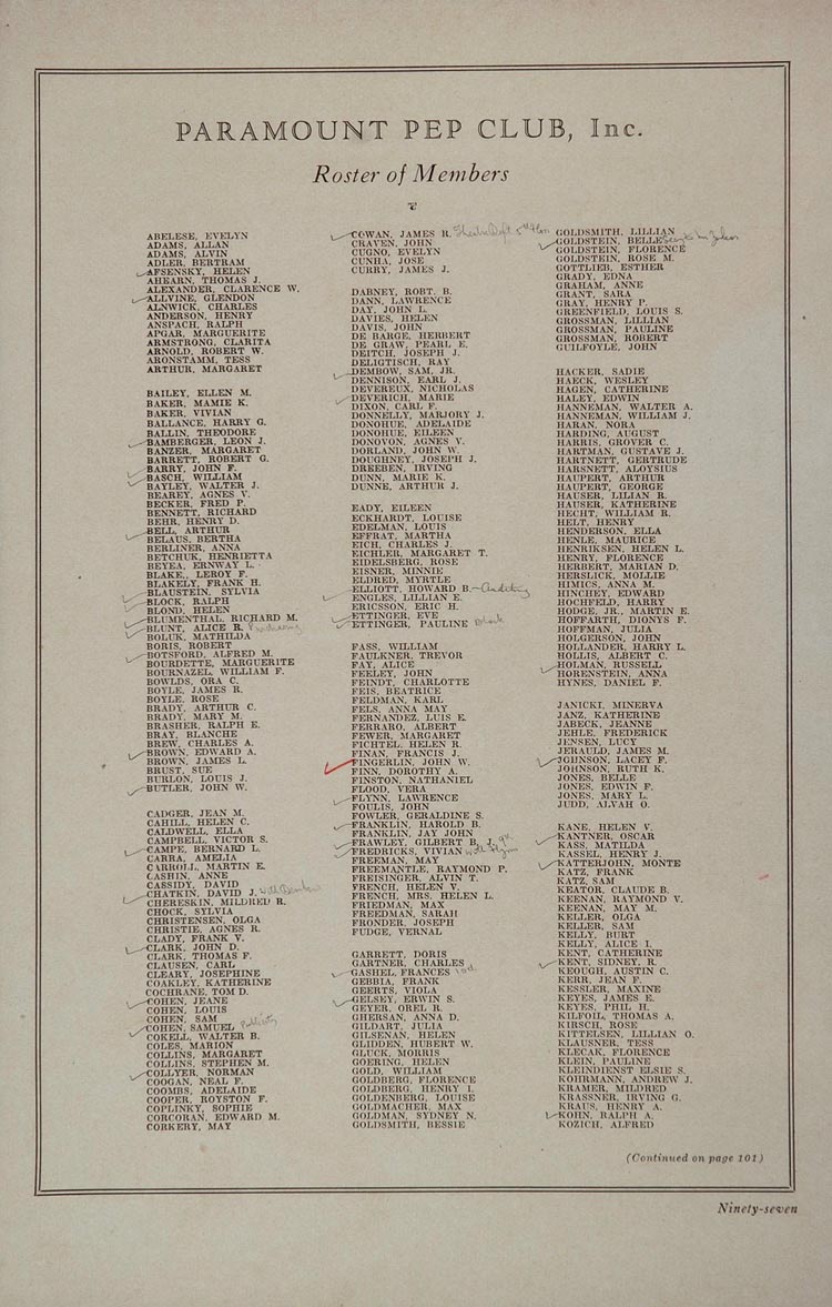 1925 Paramount Pep Club Roster of Members Print RARE - ORIGINAL
