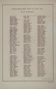 1925 Paramount Pep Club Roster of Members Print RARE - ORIGINAL
