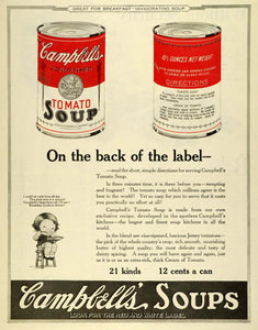 1922 Ad Campbells Can Tomato Soup Souper Kid Red White Label Food PHJ1