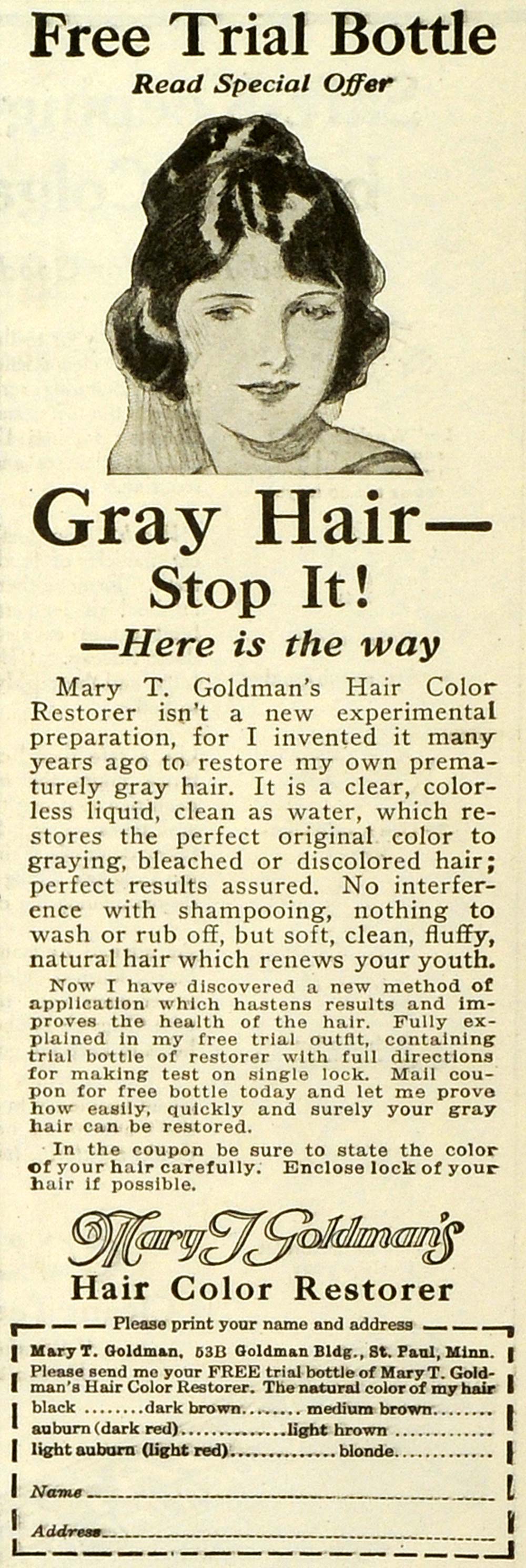 1923 Ad Gray Hair Care Dye Mary T. Goldman Restorer Beauty Free Trail St PHJ1