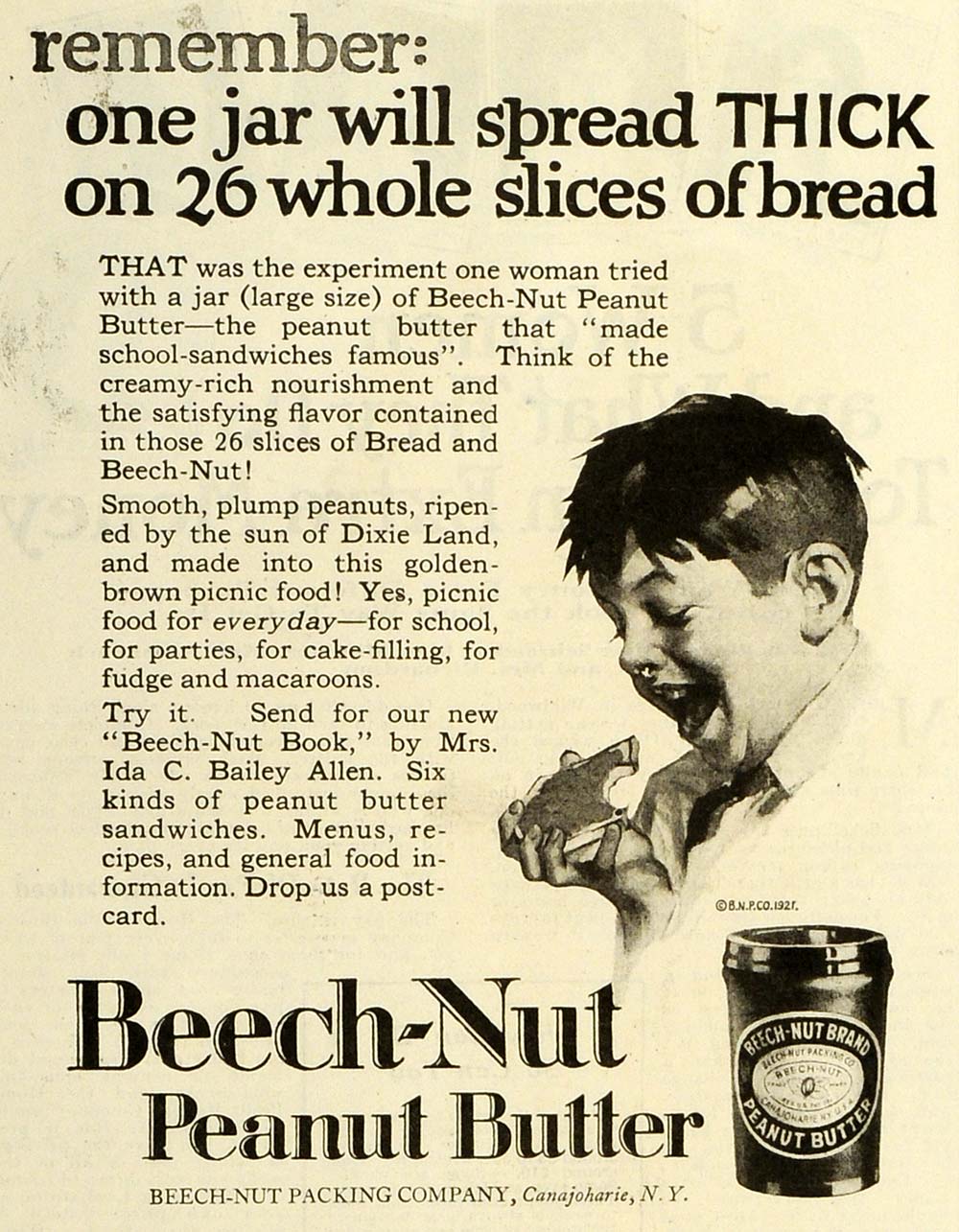 1923 Ad Beech Nut Peanut Butter Jar Condiment Schoolboy Mrs. Ida C. Bailey PHJ1
