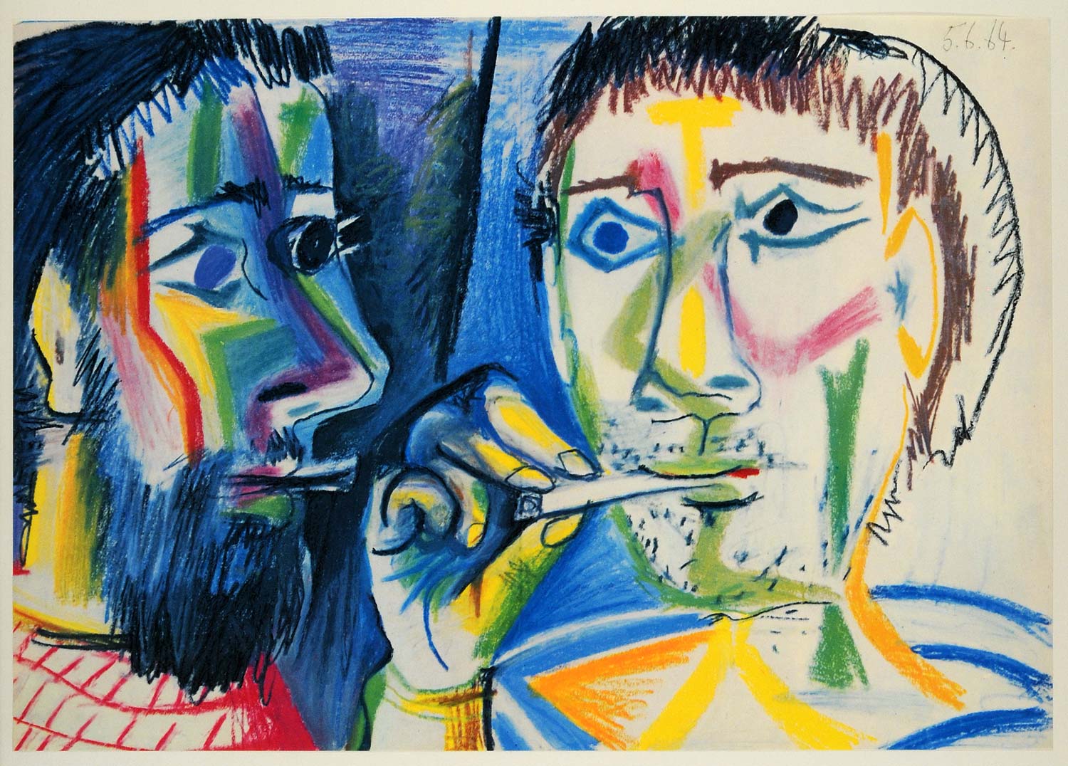 1966 Print Pablo Picasso Portrait Men Smoking Pot - ORIGINAL