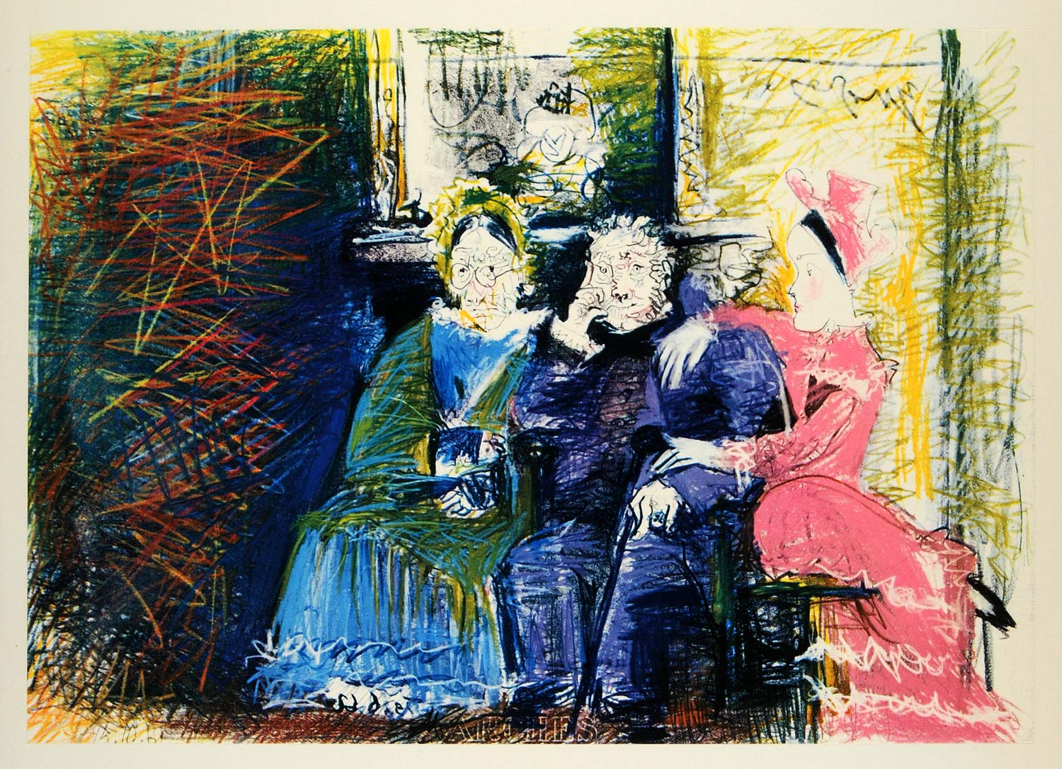 1966 Print Pablo Picasso Grandma Grandpa Pink Girl Sits - ORIGINAL
