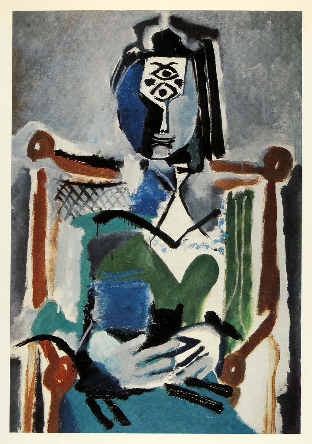1966 Print Pablo Picasso Abstract Blue Lady Posing Cat - ORIGINAL