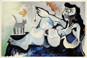 1966 Print Pablo Picasso Original Nude Lady Playful Cat - ORIGINAL