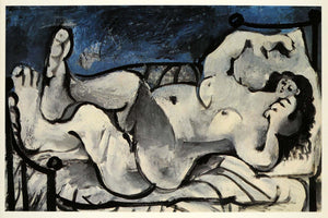 1966 Print Pablo Picasso Large Nude Gray Woman Bed Navy - ORIGINAL