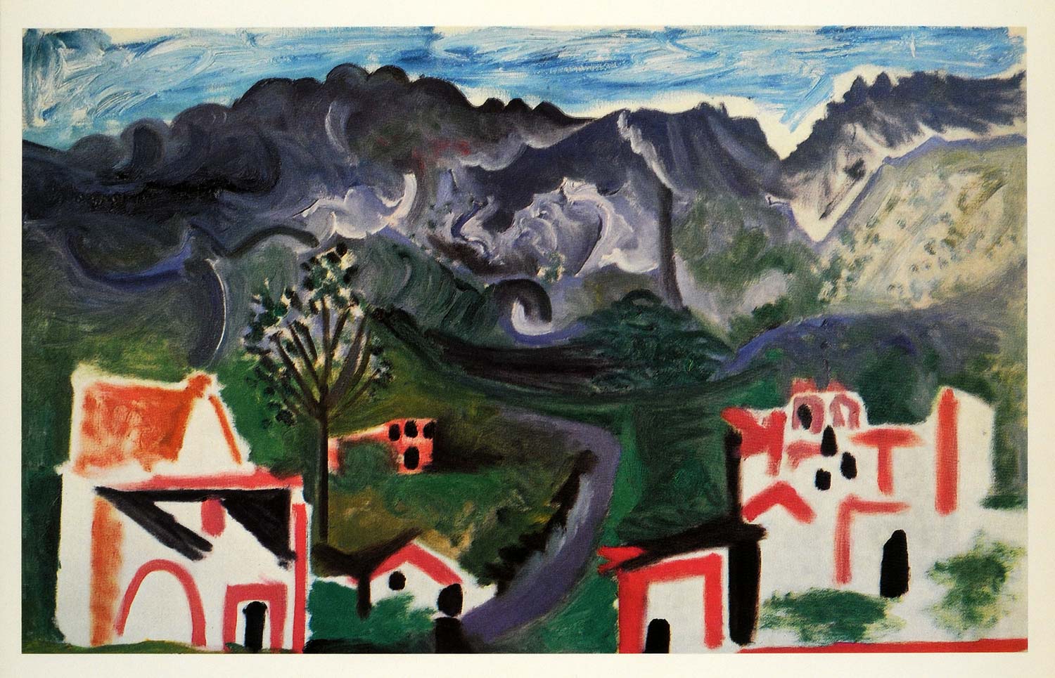 1966 Print Pablo Picasso Landscape Red Houses Mountains - ORIGINAL