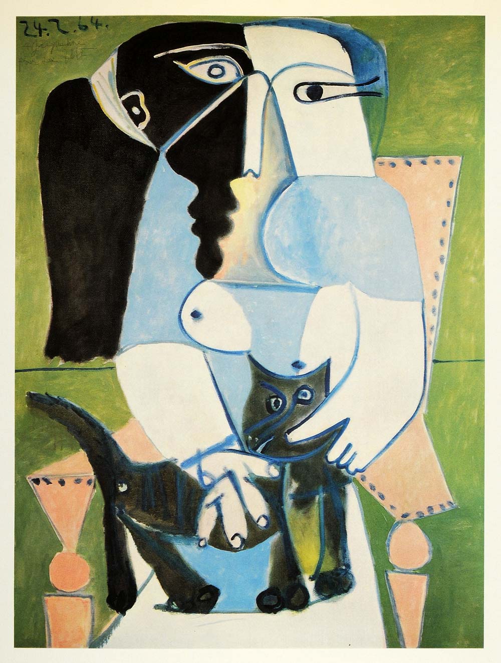 1966 Print Pablo Picasso Nude Woman Two Faces Black Cat - ORIGINAL