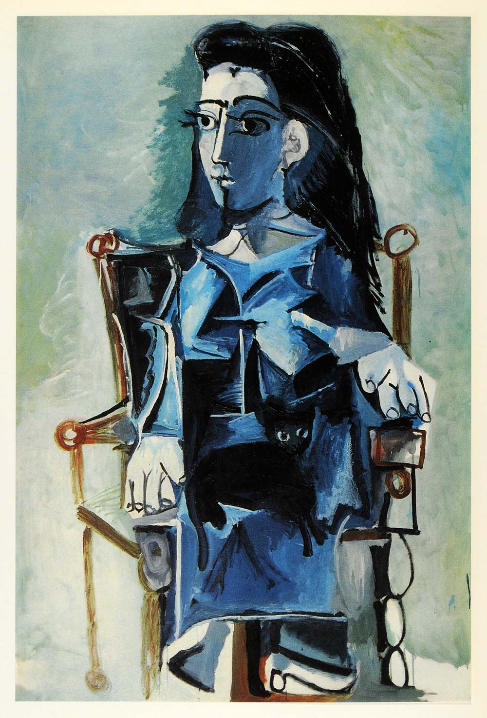 1966 Print Pablo Picasso Lady Black Hair Cat Chair Navy - ORIGINAL