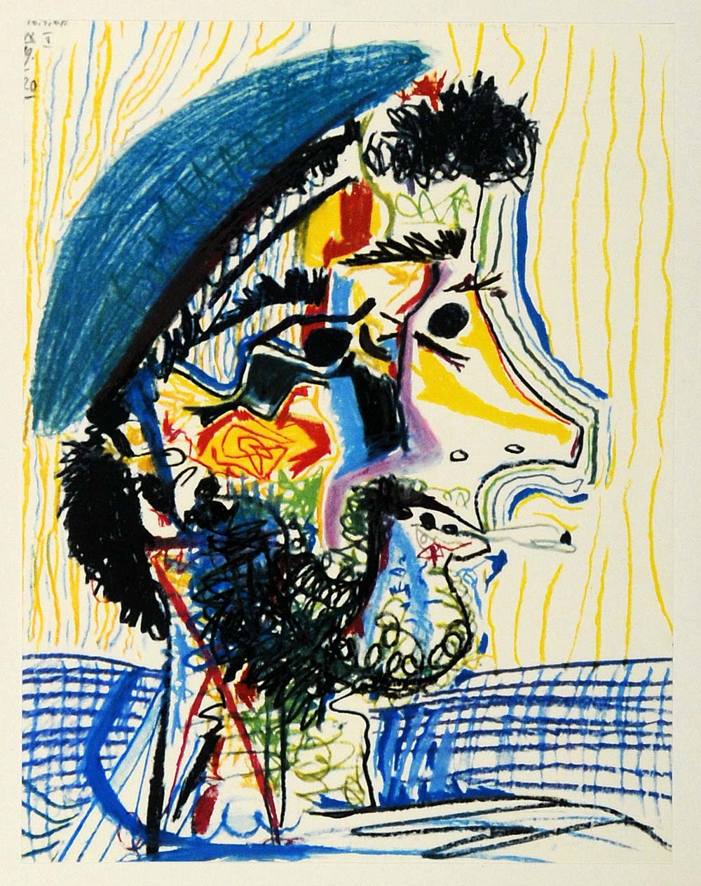 1966 Print Pablo Picasso Blue Yellow Beret Man Smoking - ORIGINAL