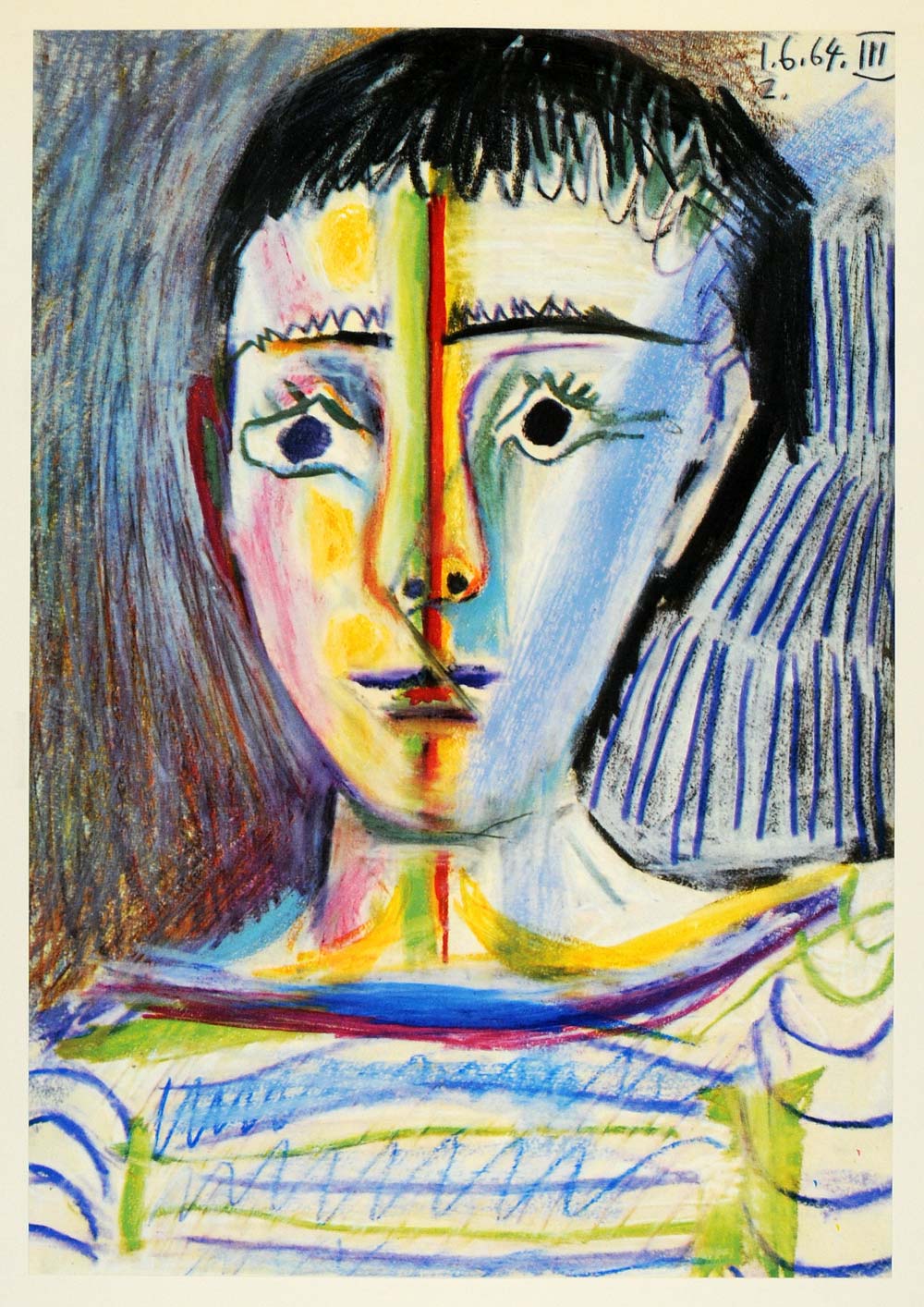 1966 Print Pablo Picasso Boy Portrait Yellow Blue Green - ORIGINAL