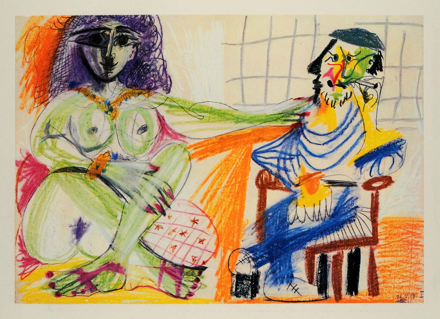 1966 Print Picasso Nude Lime Lady Purple Hair Man Smoke - ORIGINAL