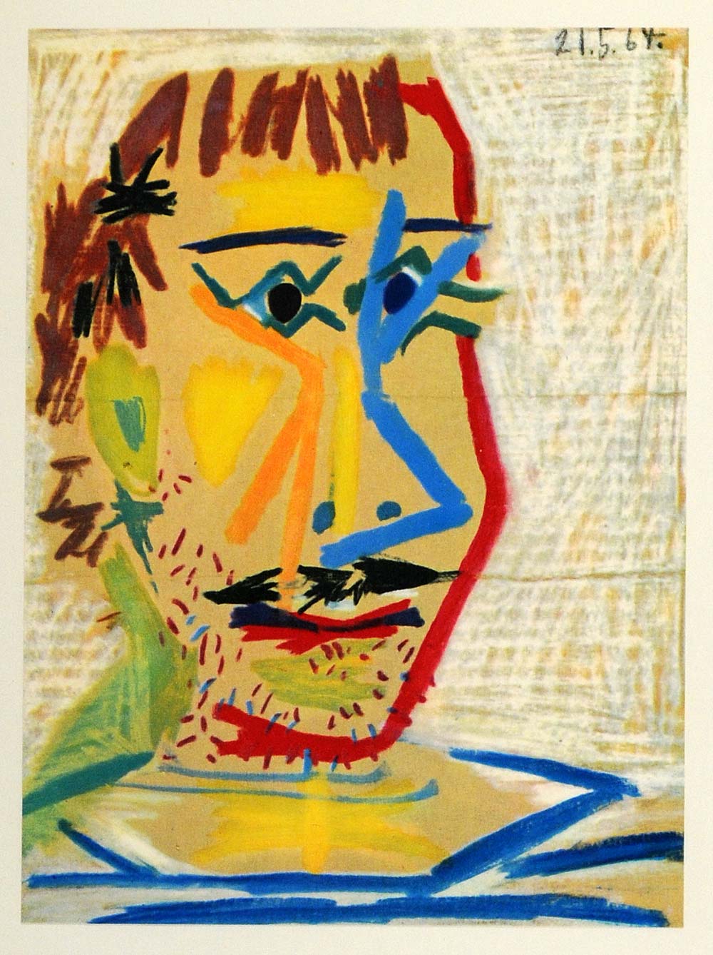 1966 Print Pablo Picasso Original Stubble Mustache Man - ORIGINAL