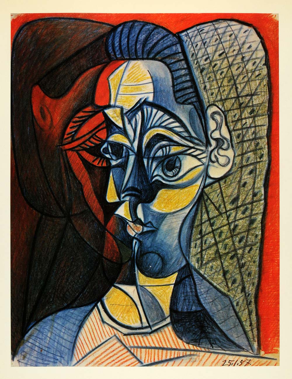 1964 Print Pablo Picasso Distorted Blue Face Portrait