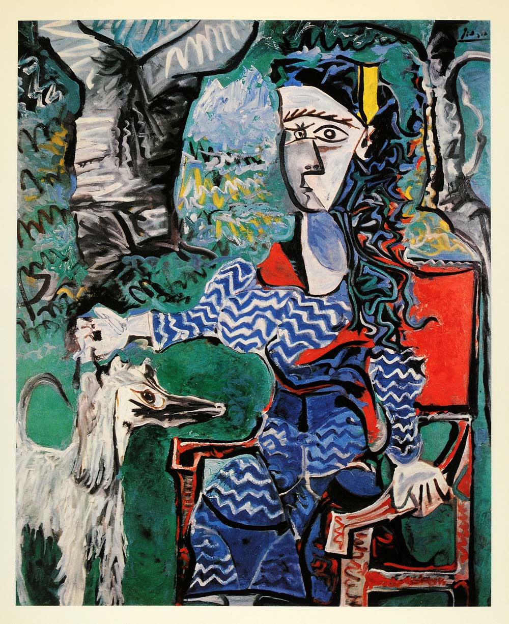 1964 Print Picasso Abstract Woman Seated Dog Trees Blue - ORIGINAL