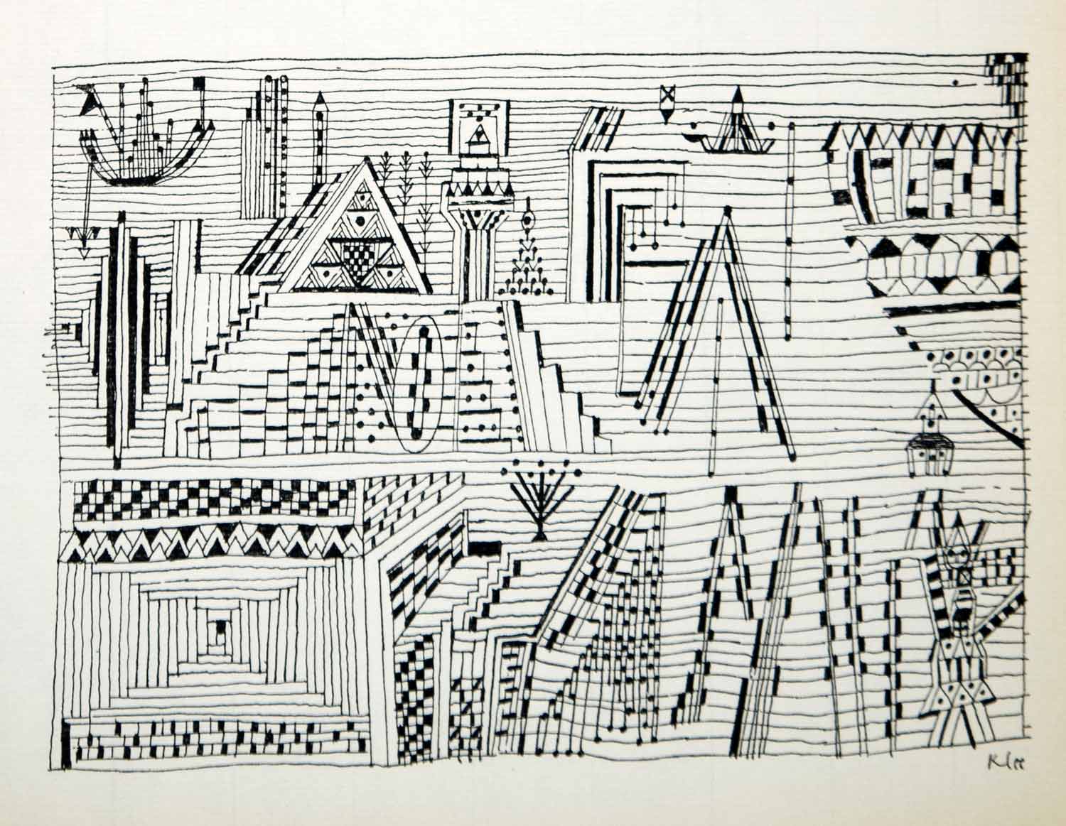 1958 Print Paul Klee Beride City Water Cityscape Abstract Line Drawing Art PL1