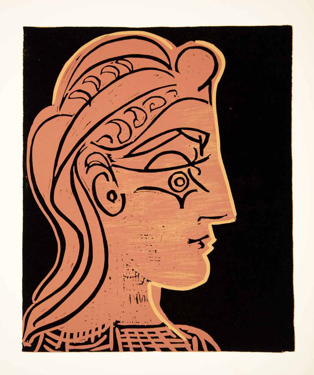1963 Lithograph Pablo Picasso Female Head Profile Portrait Abstract Art Linocut