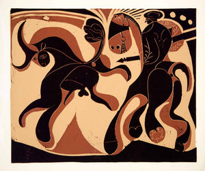 1963 Lithograph Picasso Bullfight Picador Horse Fleeing Bull Abstract Linocut