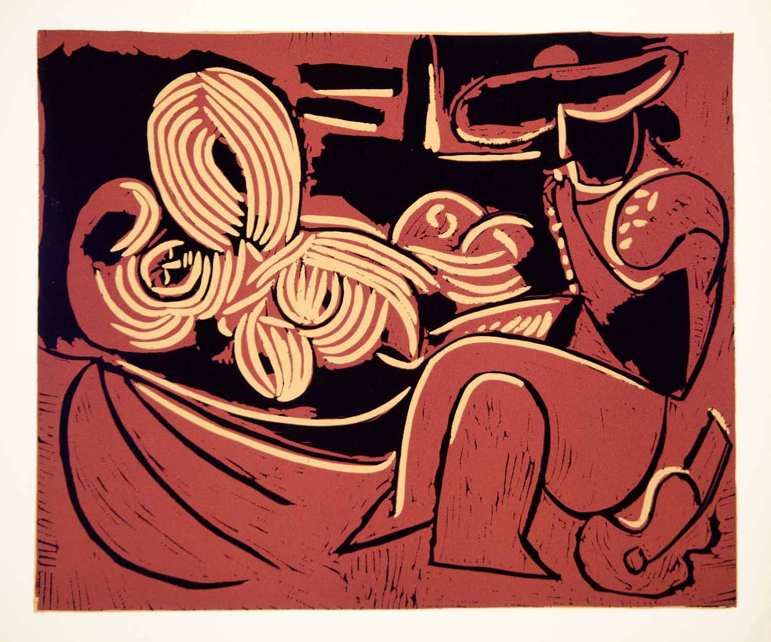 1963 Lithograph Picasso Nude Reclining Woman Picador Guitar Linocut Abstract Art