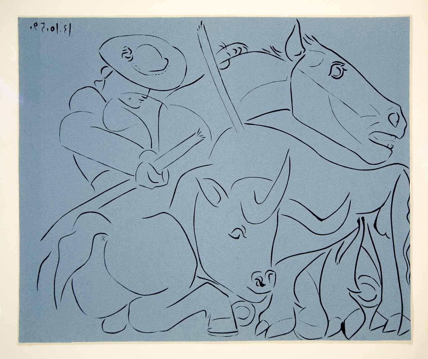 1963 Lithograph Picasso Bullfight Picador Broken Lance Bull Horse Linocut Art