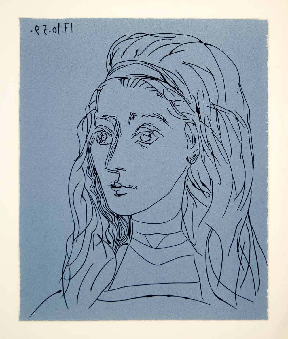1963 Lithograph Pablo Picasso Jacqueline Portrait Head Face Linocut Abstract Art