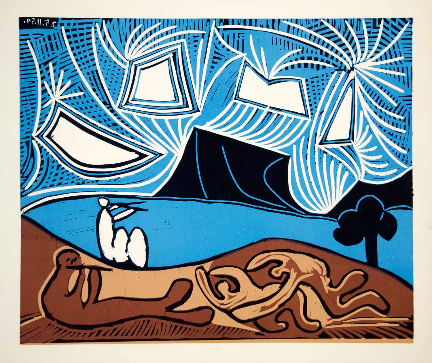 1963 Lithograph Pablo Picasso Bacchanal Lovers Flute Player Linocut Abstract Art