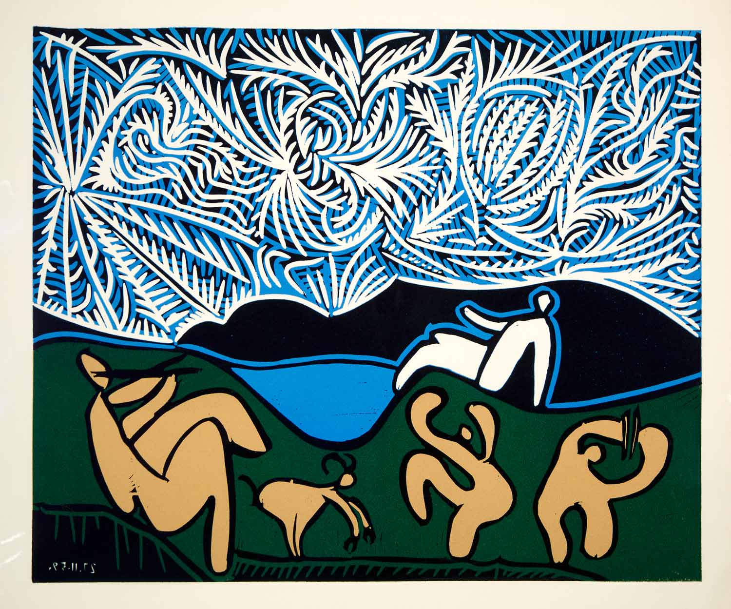 1963 Lithograph Picasso Bacchanal Goat Dancers Flute Player Music