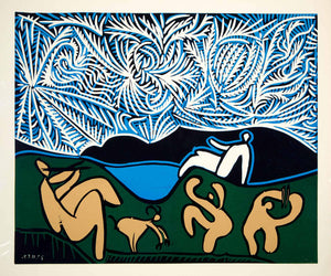 1963 Lithograph Picasso Bacchanal Goat Dancers Flute Player Music Linocut Art