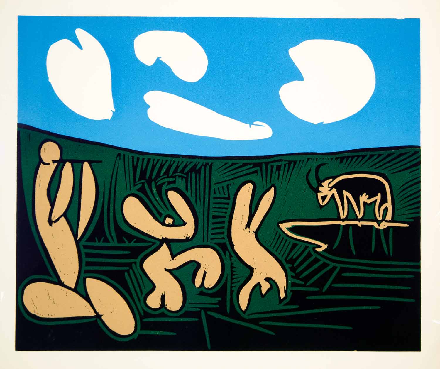 1963 Lithograph Picasso Bacchanal Clouds Blue Sky Dancers Flute Player Linocut