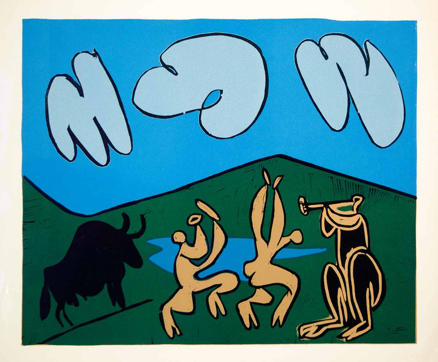 1963 Lithograph Picasso Bacchanal Black Bull Dancers Flute Player Linocut Art