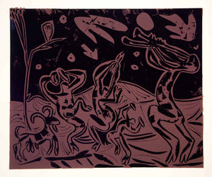 1963 Lithograph Picasso Bacchanal Goat Owl Dancer Flute Player Music Linocut Art