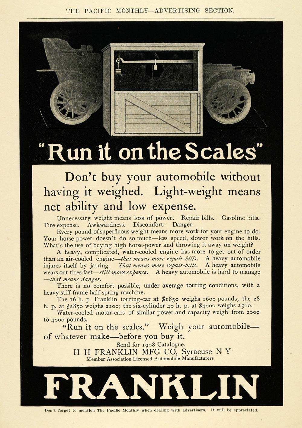1908 Ad H. H. Franklin Antique Automobile Weight Scale - ORIGINAL PM2