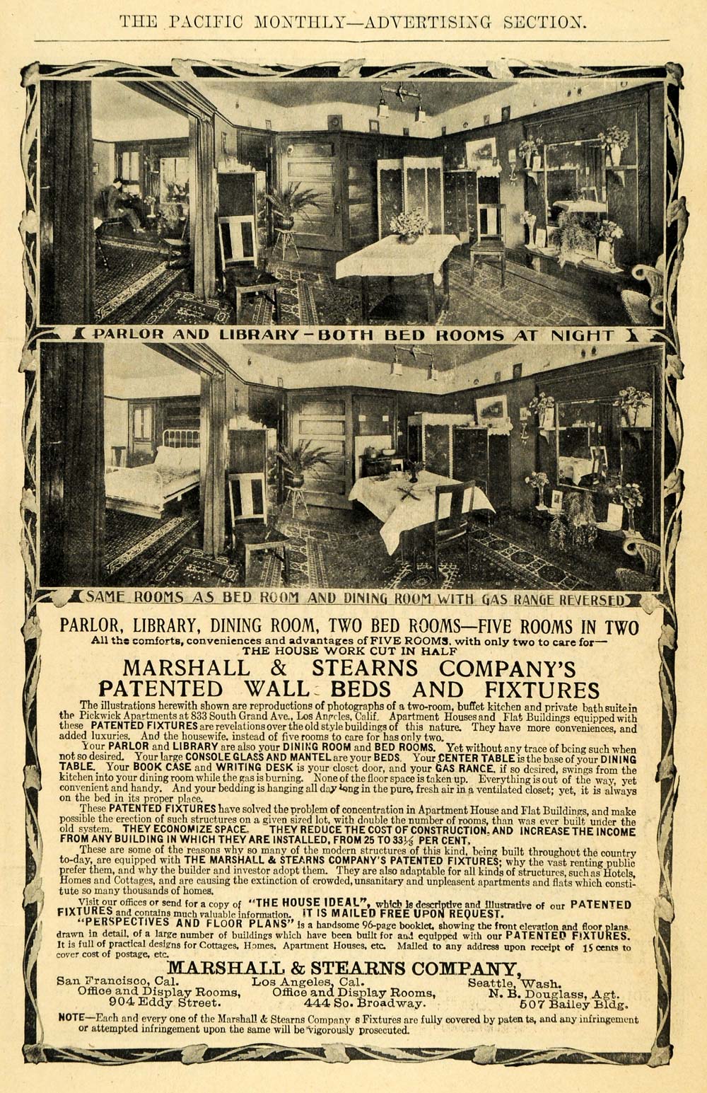1907 Ad Marshall Stearns Wall Beds Pitwick Apartments - ORIGINAL ADVERTISING PM2
