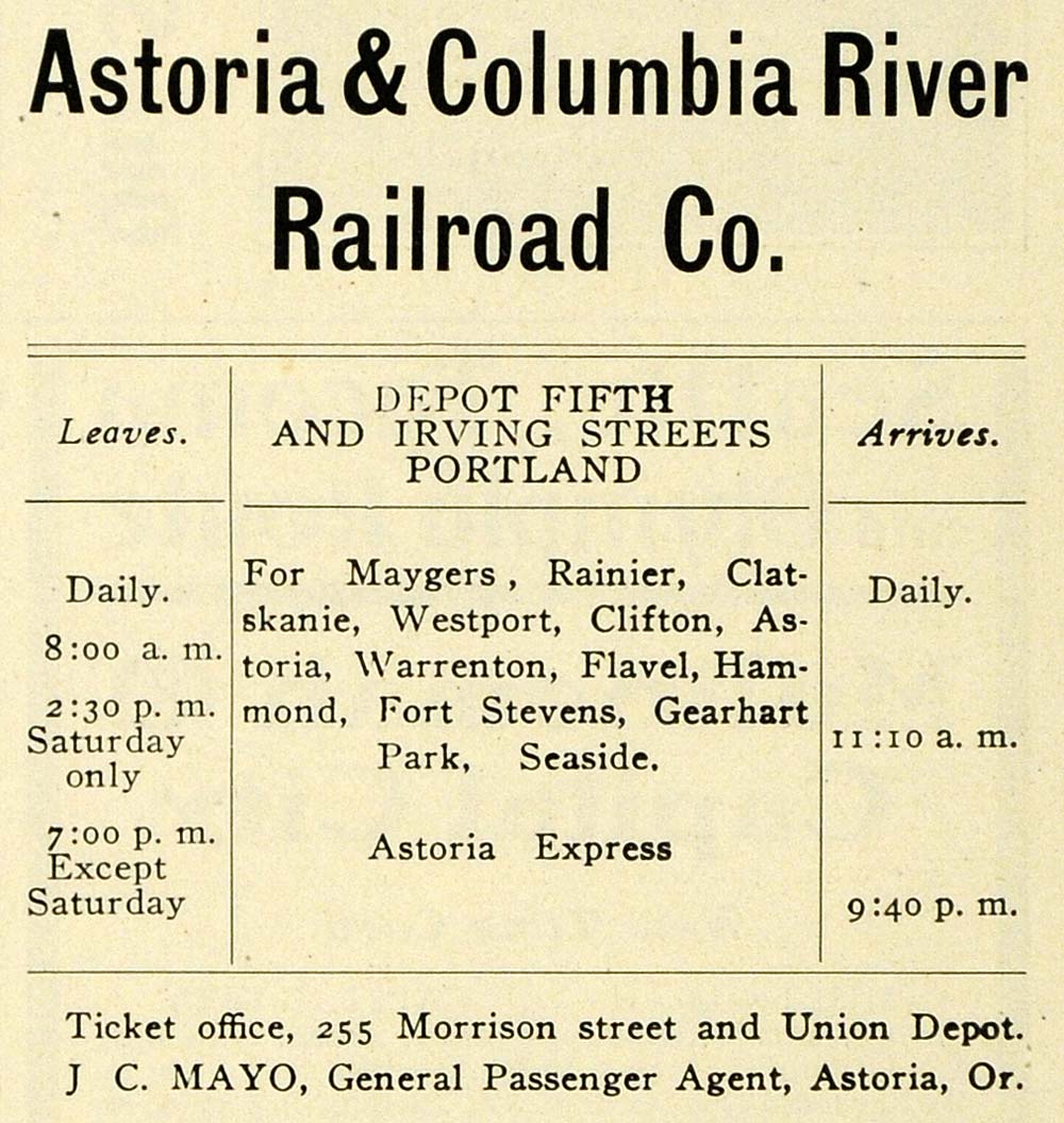 1903 Ad Astoria Columbia River Railroad Itinerary Mayo - ORIGINAL PM2