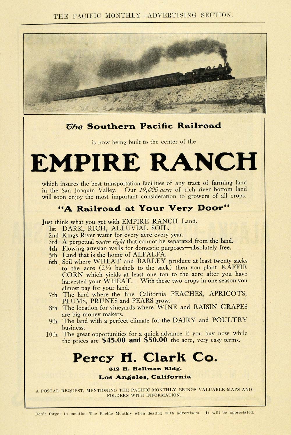 1906 Ad Southern Pacific Railroad Empire Ranch P. Clark - ORIGINAL PM2