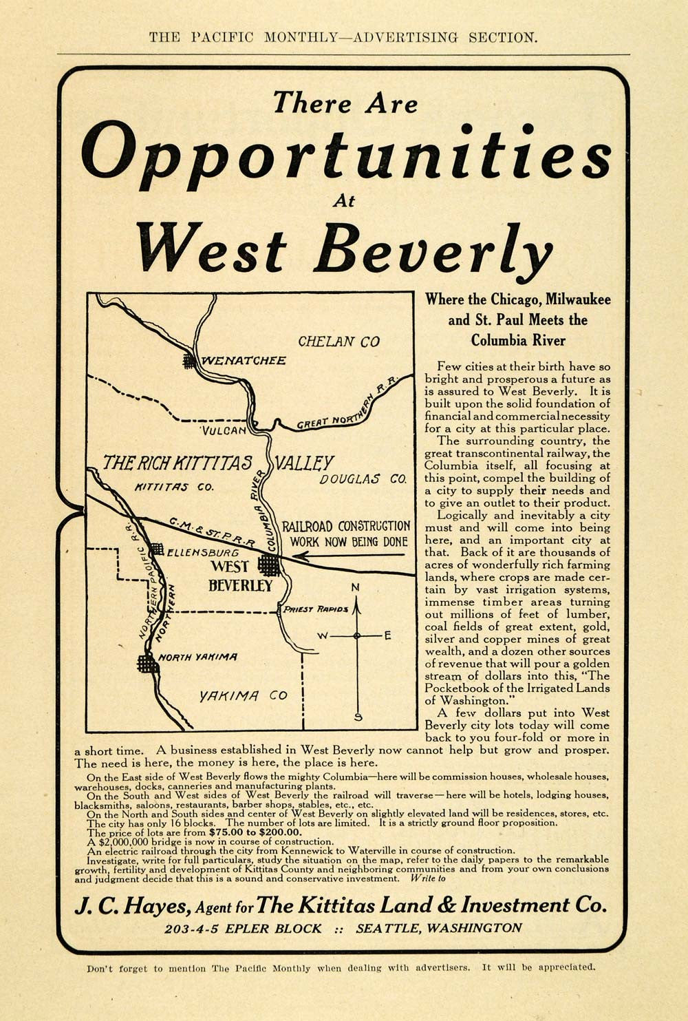 1907 Ad Kittitas Land Investment West Beverly Railway - ORIGINAL ADVERTISING PM2 - Period Paper
