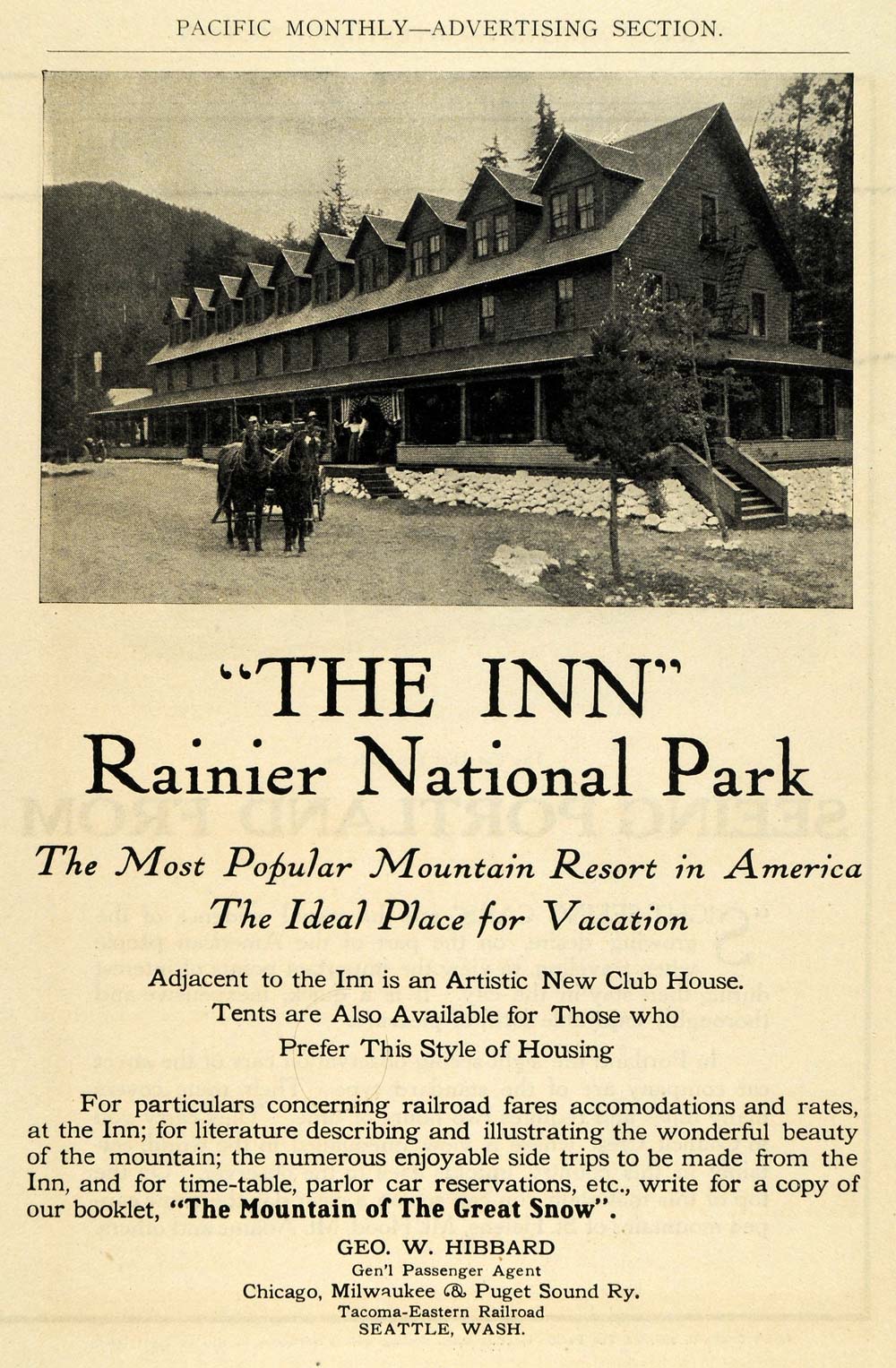 1911 Ad The Inn Rainier National Park George W. Hibbard - ORIGINAL PM2