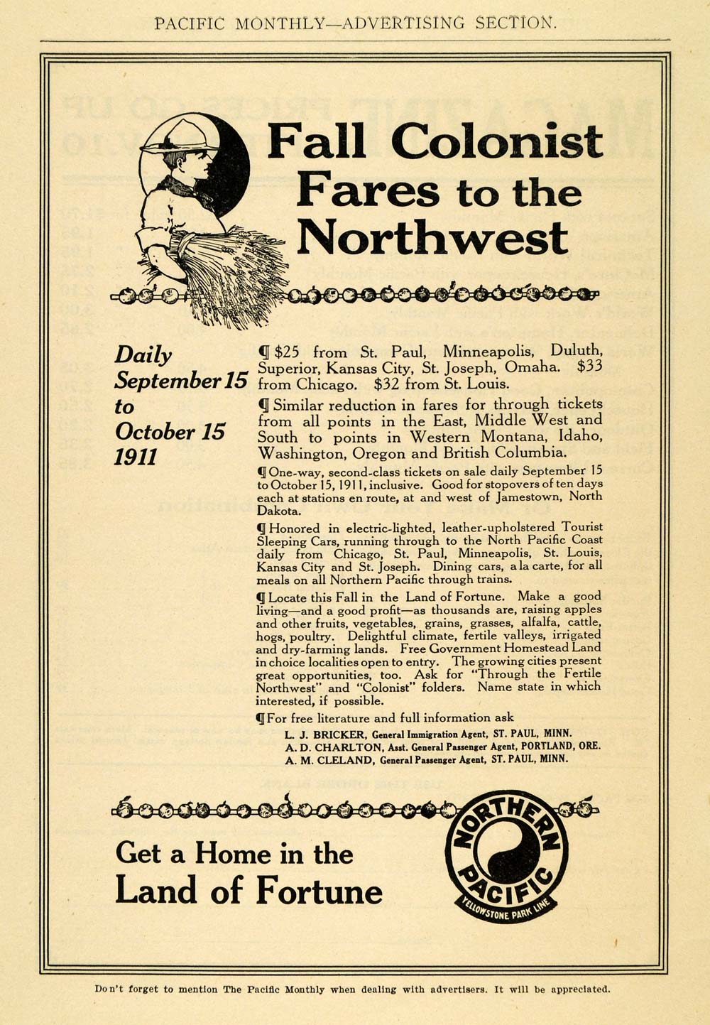 1911 Ad Northern Pacific Railway Colonist Fares Bricker - ORIGINAL PM2
