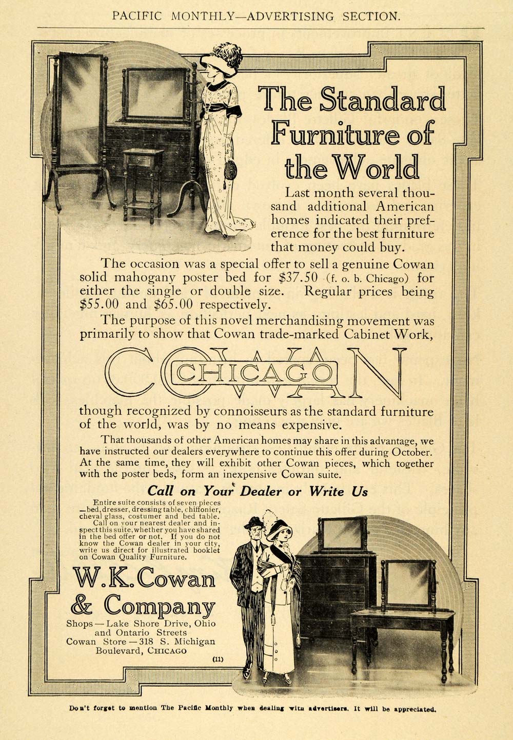 1911 Ad Chicago W. K. Cowan Furniture Home Decor Price - ORIGINAL