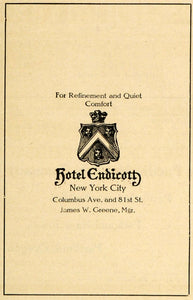 1910 Ad Hotel Endicott Travel New York Edward Angell - ORIGINAL ADVERTISING PM2