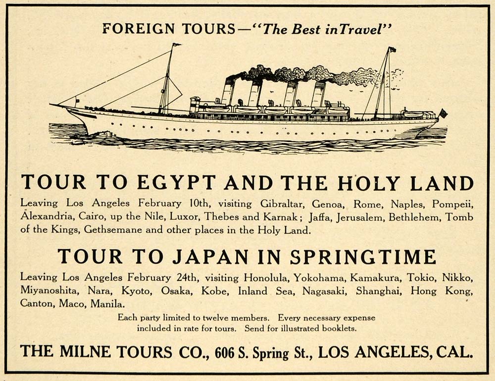 1908 Ad Milne Egypt Tour Holy Land Japan Travel Cruise - ORIGINAL PM2