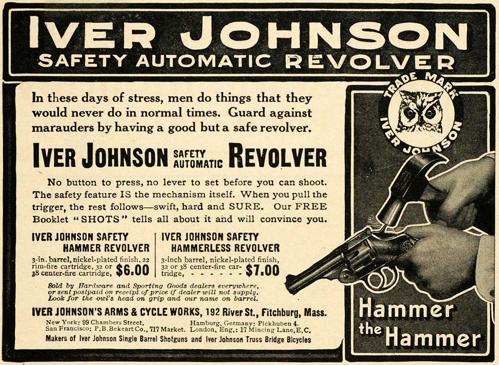 1908 Ad Iver Johnson Revolver Hammer Gun Arms Cycle - ORIGINAL ADVERTISING PM2