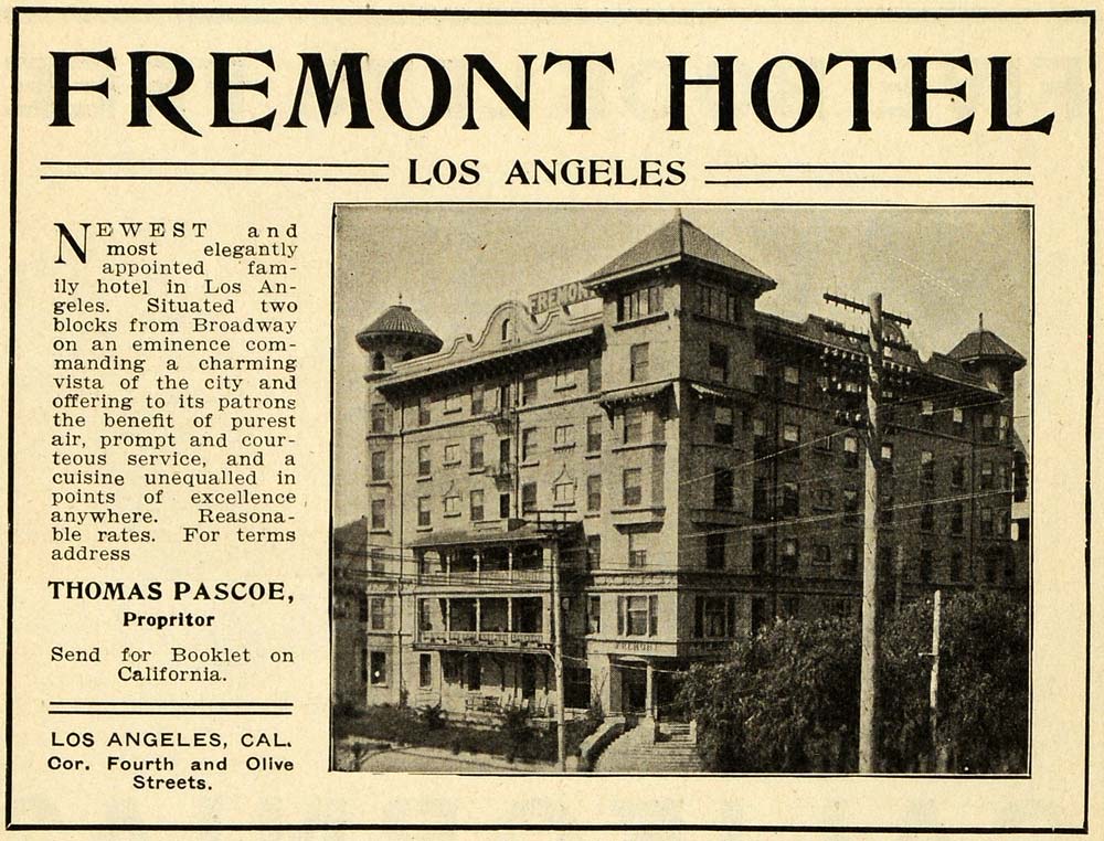 1907 Ad Fremont Hotel Thomas Pascoe Broadway Tourism - ORIGINAL ADVERTISING PM2