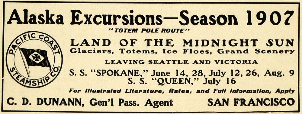 1907 Ad Alaska Excursion Dunann Glacier Steamship Ship - ORIGINAL PM2
