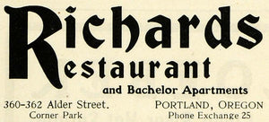 1904 Ad Richards Restaurant Bachelor Portland Oregon - ORIGINAL ADVERTISING PM2