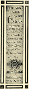 1905 Ad Allen Lewis Portland Stock Canned Goods Food - ORIGINAL ADVERTISING PM2