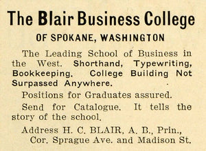 1906 Ad Blair Business College Spokane University Book - ORIGINAL PM2