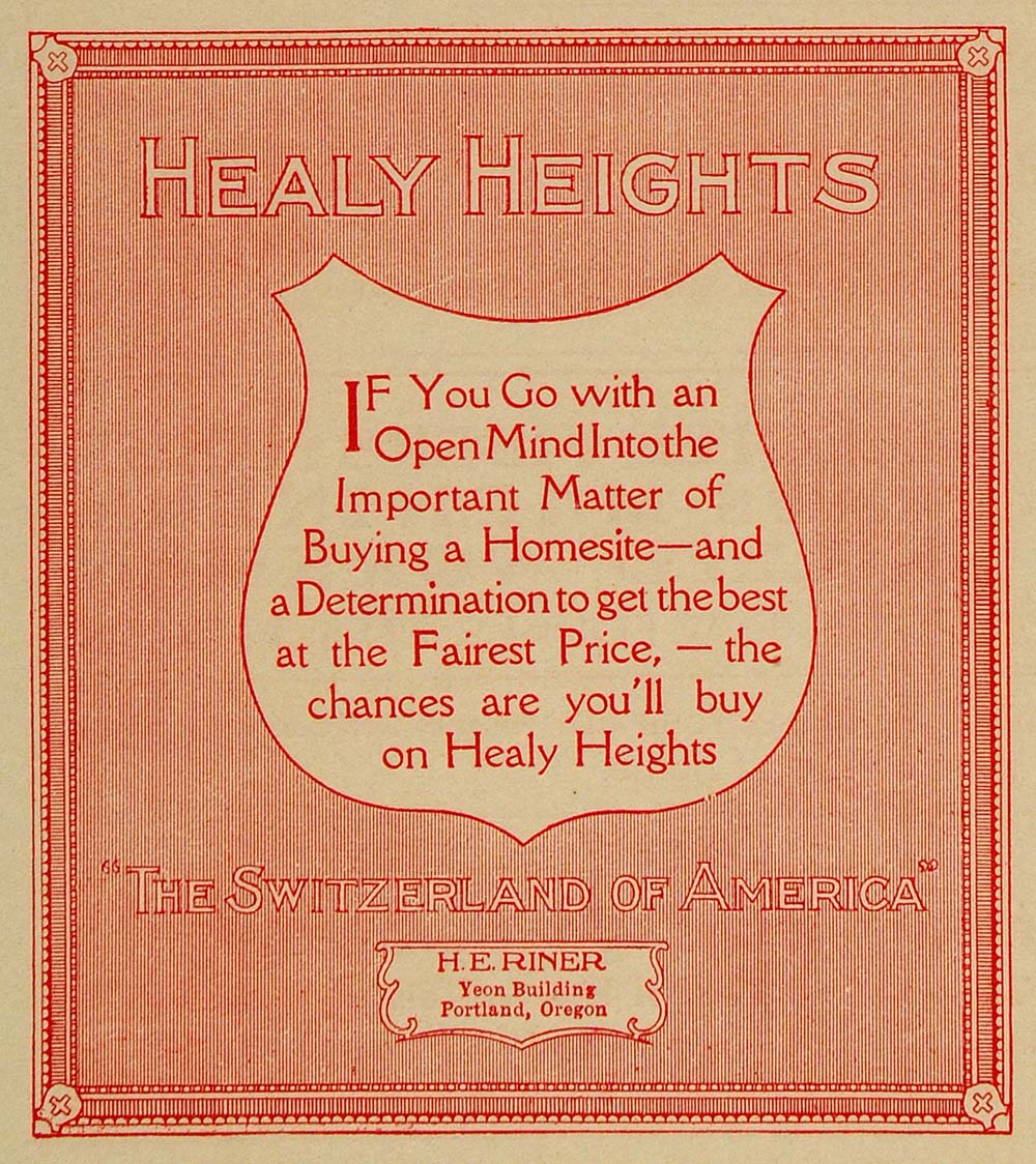 1911 Ad Healy Heights Switzerland Riner Yeon Portland ORIGINAL ADVER