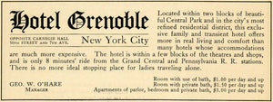 1911 Ad Hotel Grenoble George O'Hare Central Park NYC - ORIGINAL ADVERTISING PM2
