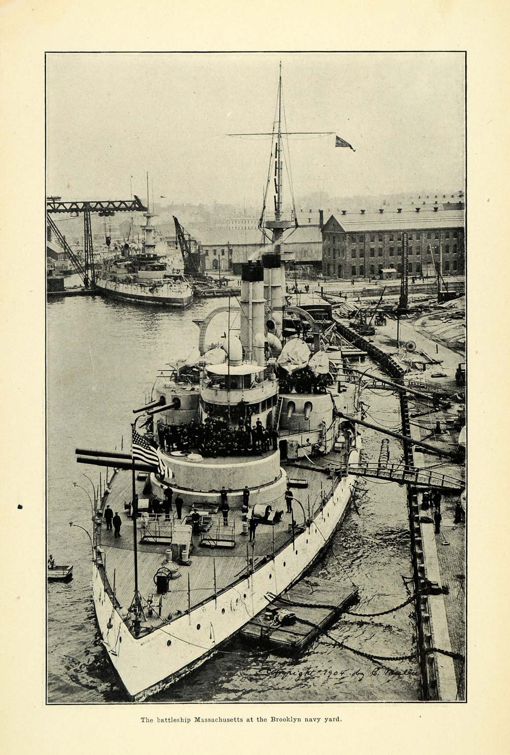 1905 Print Battleship Massachusetts Brooklyn Ship Yard ORIGINAL HISTORIC PM2
